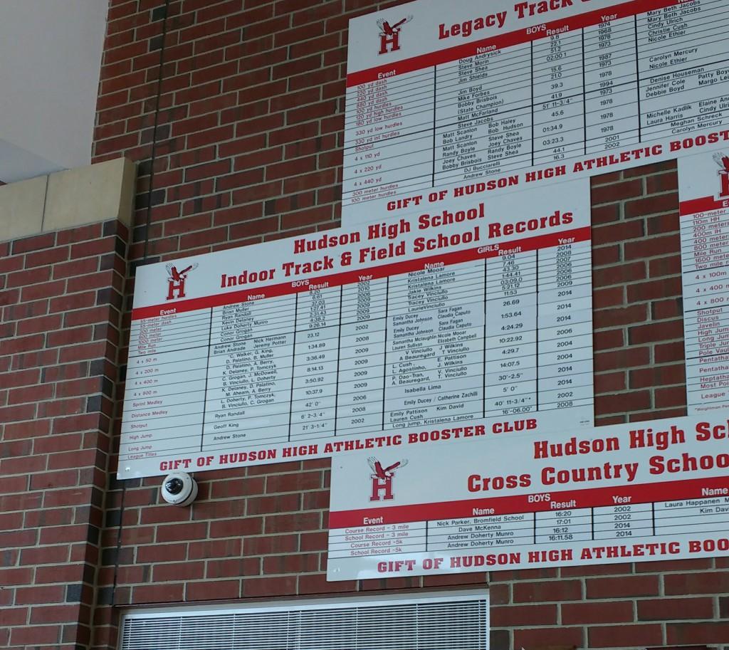 The indoor track record board on the Friday after John Rodriguez broke the 55m dash and 55m hurdles records. |by Dakota Antelman