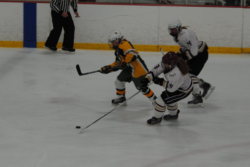 Tomahawk defender and Hudson High School student Maggie OBrien stretches to corral a puck during a battle for possession with a King Phillip forward. Head Coach Mike Hodge would later praise OBrien for her success in this, her first game.  | by Dakota Antelman