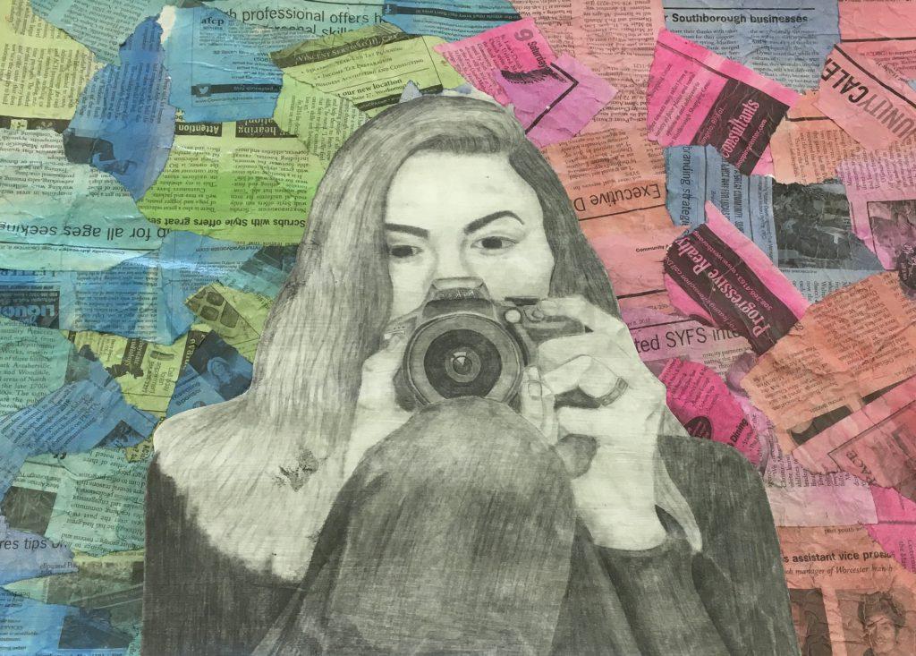 Ariana Jordan-MacArthur created a self portrait, inspired by her love for photography. She has experience using watercolors and making collages, so she tried to incorporate that into her background. | by Lily Clardy  