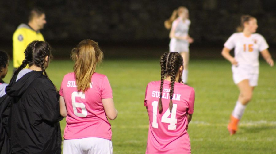 Sophomores Ainsley Majer (6) and Sarah Korowski (14) watch their teammates from the sideline | by Zahara Abdullah