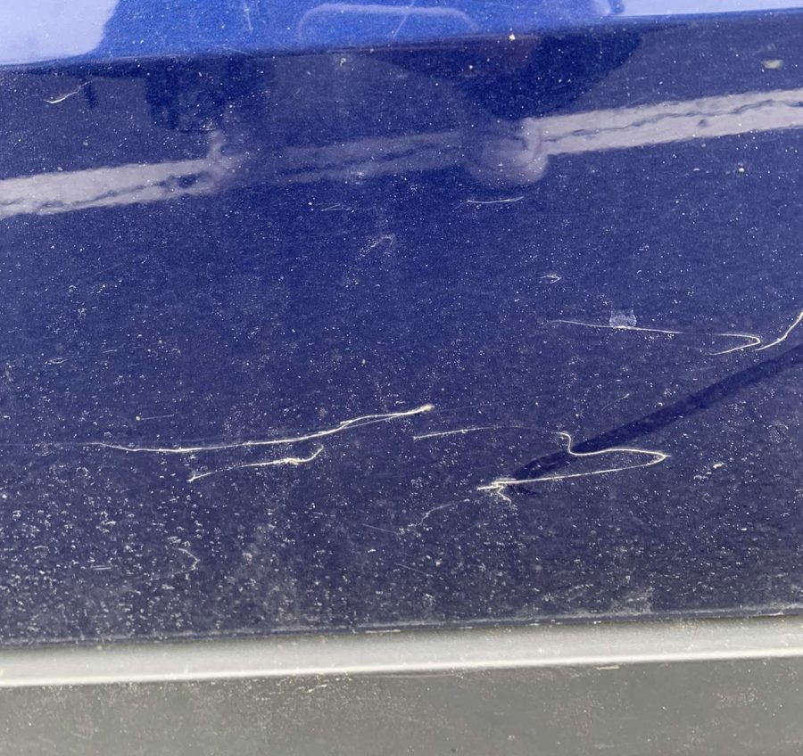 One of the cars in the that was vandalized yesterday. Damage varied from minor scratches to substantial gauging damage to cars bodies, headlights and rims | Provided by Brianna Devlin