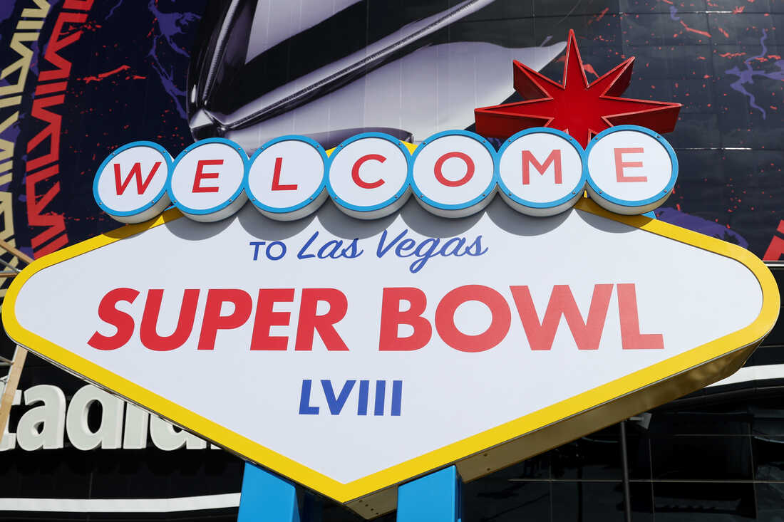 Super Bowl LVIII signage is seen outside of Allegiant Stadium on February 07, 2024 in Las Vegas, Nevada | Photo by Rob Carr/Getty Images 