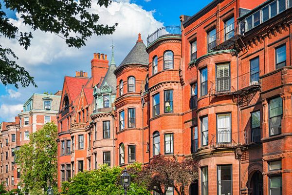 Photo of typical brownstone row houses in the Back Bay area of downtown Boston, Massachusetts, USA.