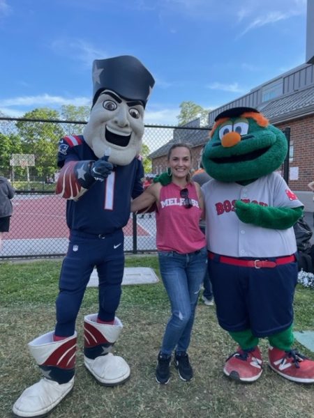 Jennifer Chernisky with Boston mascots Pat Patriot and Wally the Green Monster 