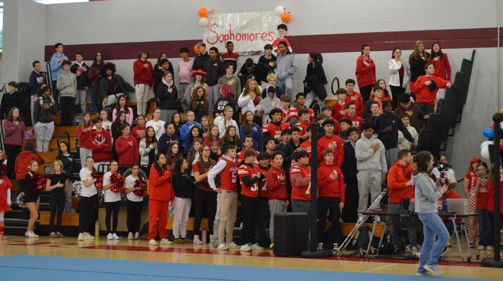 Sophomores stand in respect during the national anthem | Melanie Person 

